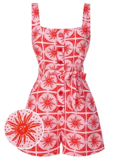 New Retro Stage [Pre-Sale] 1970s Boho Sun Print Button Romper Rose Pink