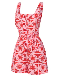New Retro Stage [Pre-Sale] 1970s Boho Sun Print Button Romper Rose Pink