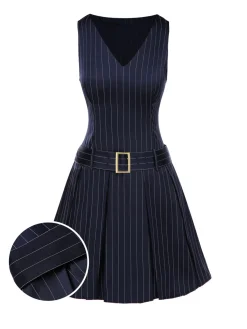 Outlet Retro Stage [Pre-Sale] 1960s Drop Waist Pleated Striped Belted Dress Blue