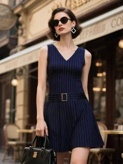 Outlet Retro Stage [Pre-Sale] 1960s Drop Waist Pleated Striped Belted Dress Blue