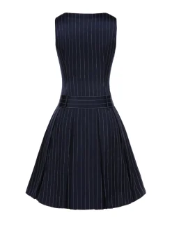 Outlet Retro Stage [Pre-Sale] 1960s Drop Waist Pleated Striped Belted Dress Blue