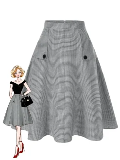 Fashion Retro Stage [Pre-Sale] 1950s High-Waist Plaids Button Pocket Skirt Light Grey