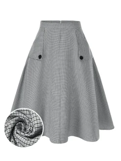 Fashion Retro Stage [Pre-Sale] 1950s High-Waist Plaids Button Pocket Skirt Light Grey
