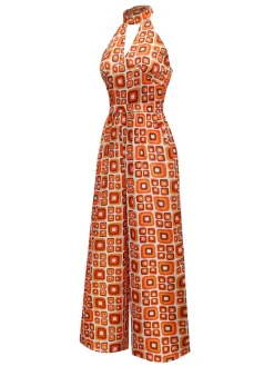 Hot Retro Stage [Pre-Sale] 1960s Mandarin Collar Geometric Hippie Jumpsuit Orange