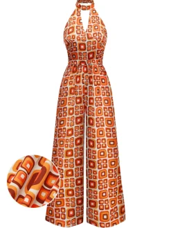 Hot Retro Stage [Pre-Sale] 1960s Mandarin Collar Geometric Hippie Jumpsuit Orange