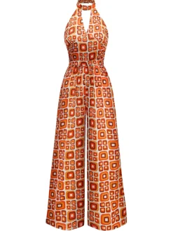 Hot Retro Stage [Pre-Sale] 1960s Mandarin Collar Geometric Hippie Jumpsuit Orange