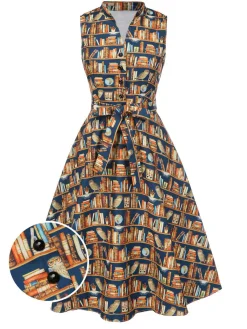 Sale Retro Stage [Pre-Sale] 1950s Owl Bookshelf Print Stand Collar Dress Multicolor