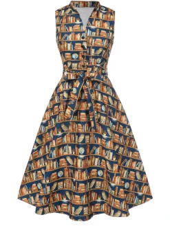 Sale Retro Stage [Pre-Sale] 1950s Owl Bookshelf Print Stand Collar Dress Multicolor