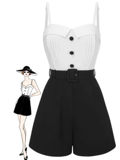 Fashion Retro Stage [Pre-Sale] 1950s Cotton Spaghetti Straps Romper White & Black