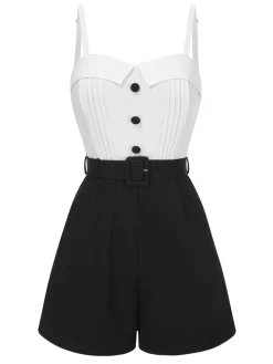 Fashion Retro Stage [Pre-Sale] 1950s Cotton Spaghetti Straps Romper White & Black