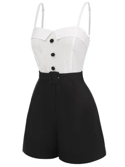 Fashion Retro Stage [Pre-Sale] 1950s Cotton Spaghetti Straps Romper White & Black