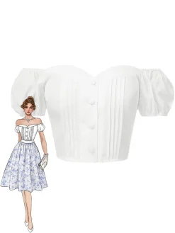 Discount Retro Stage [Pre-Sale] 1950s Off-Shoulder Puff Pleated Top White