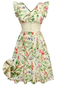 Clearance Retro Stage [Pre-Sale] 1950s Floral Birds Ruffled Flutter Sleeve Dress Yellow