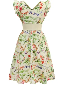 Clearance Retro Stage [Pre-Sale] 1950s Floral Birds Ruffled Flutter Sleeve Dress Yellow