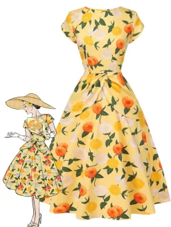 Best Retro Stage [Pre-Sale] 1950s Hydrangea Floral Ruched Dress Yellow