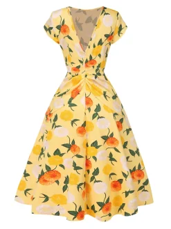 Best Retro Stage [Pre-Sale] 1950s Hydrangea Floral Ruched Dress Yellow
