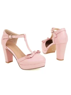 Best Retro Stage PU Leather Bow T-Strap High Heels