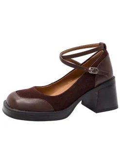 Online Retro Stage PU Leather Patchwork Square Toe Chunky Heels
