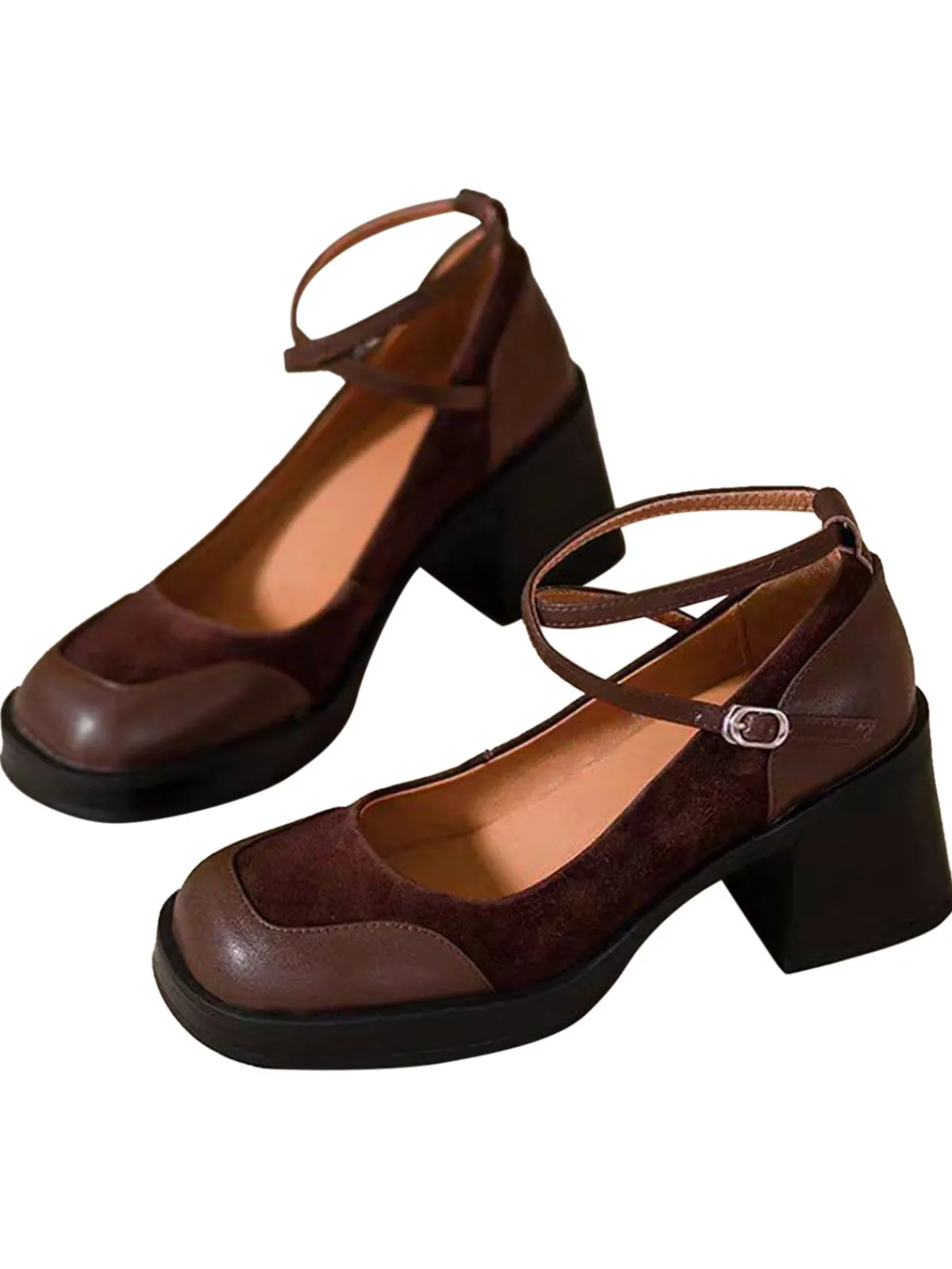 Online Retro Stage PU Leather Patchwork Square Toe Chunky Heels