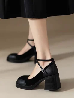 Online Retro Stage PU Leather Patchwork Square Toe Chunky Heels