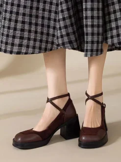Online Retro Stage PU Leather Patchwork Square Toe Chunky Heels