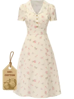 Hot Retro Stage Pure Cotton Beige 1940s Puff Sleeves Floral Dress