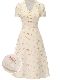 Hot Retro Stage Pure Cotton Beige 1940s Puff Sleeves Floral Dress