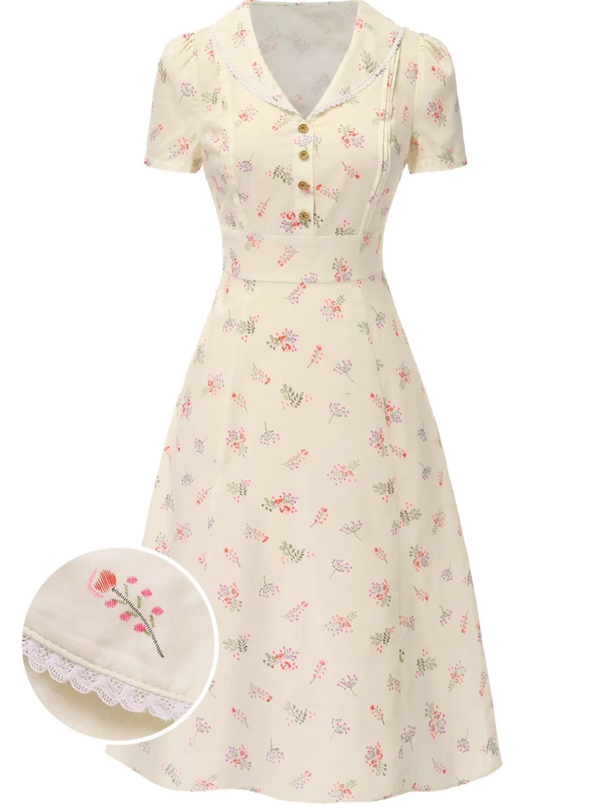 Hot Retro Stage Pure Cotton Beige 1940s Puff Sleeves Floral Dress