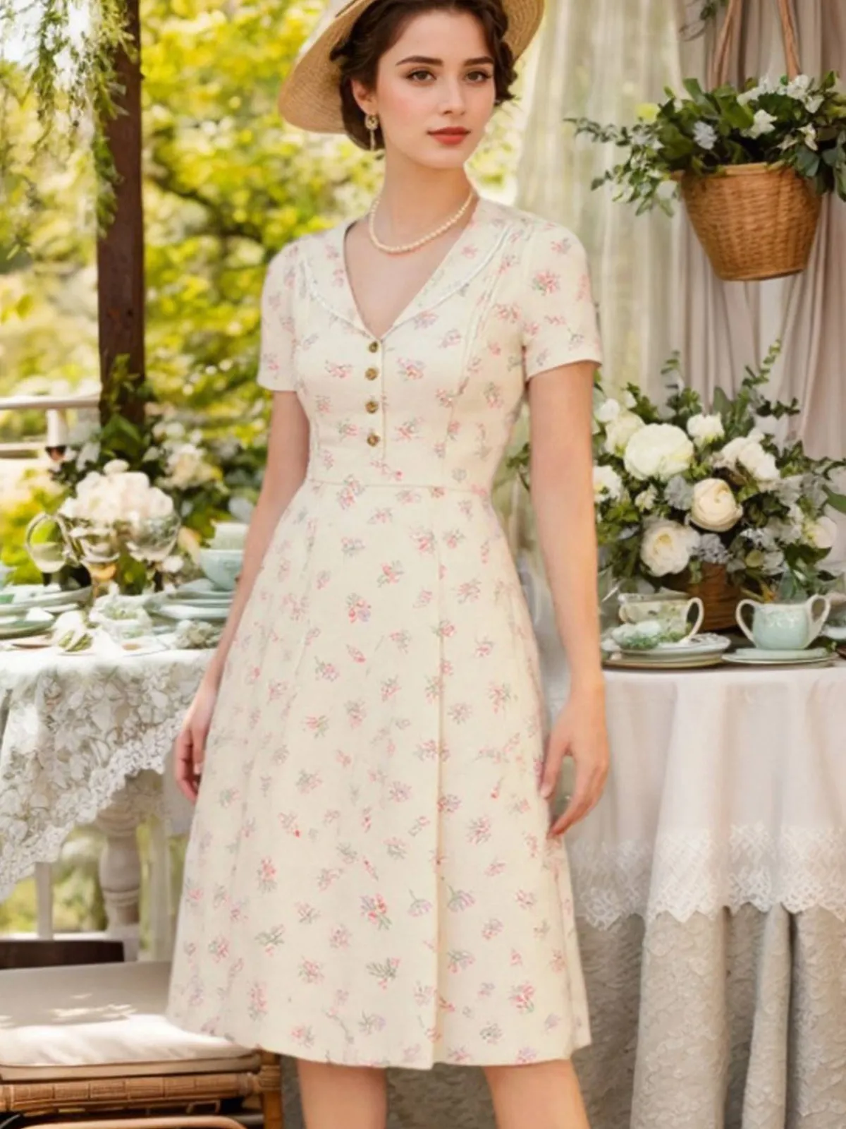 Hot Retro Stage Pure Cotton Beige 1940s Puff Sleeves Floral Dress