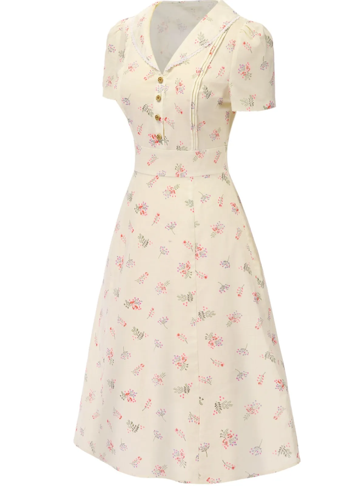 Hot Retro Stage Pure Cotton Beige 1940s Puff Sleeves Floral Dress