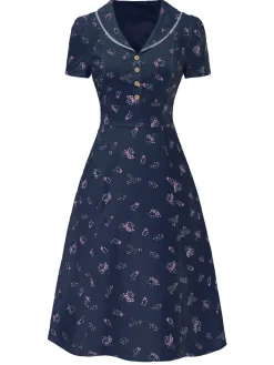 Hot Retro Stage Pure Cotton Beige 1940s Puff Sleeves Floral Dress