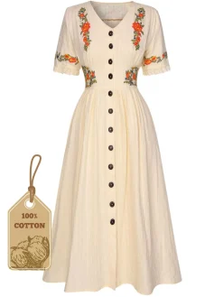 Clearance Retro Stage Pure Cotton Beige 1940s V-Neck Floral Dress