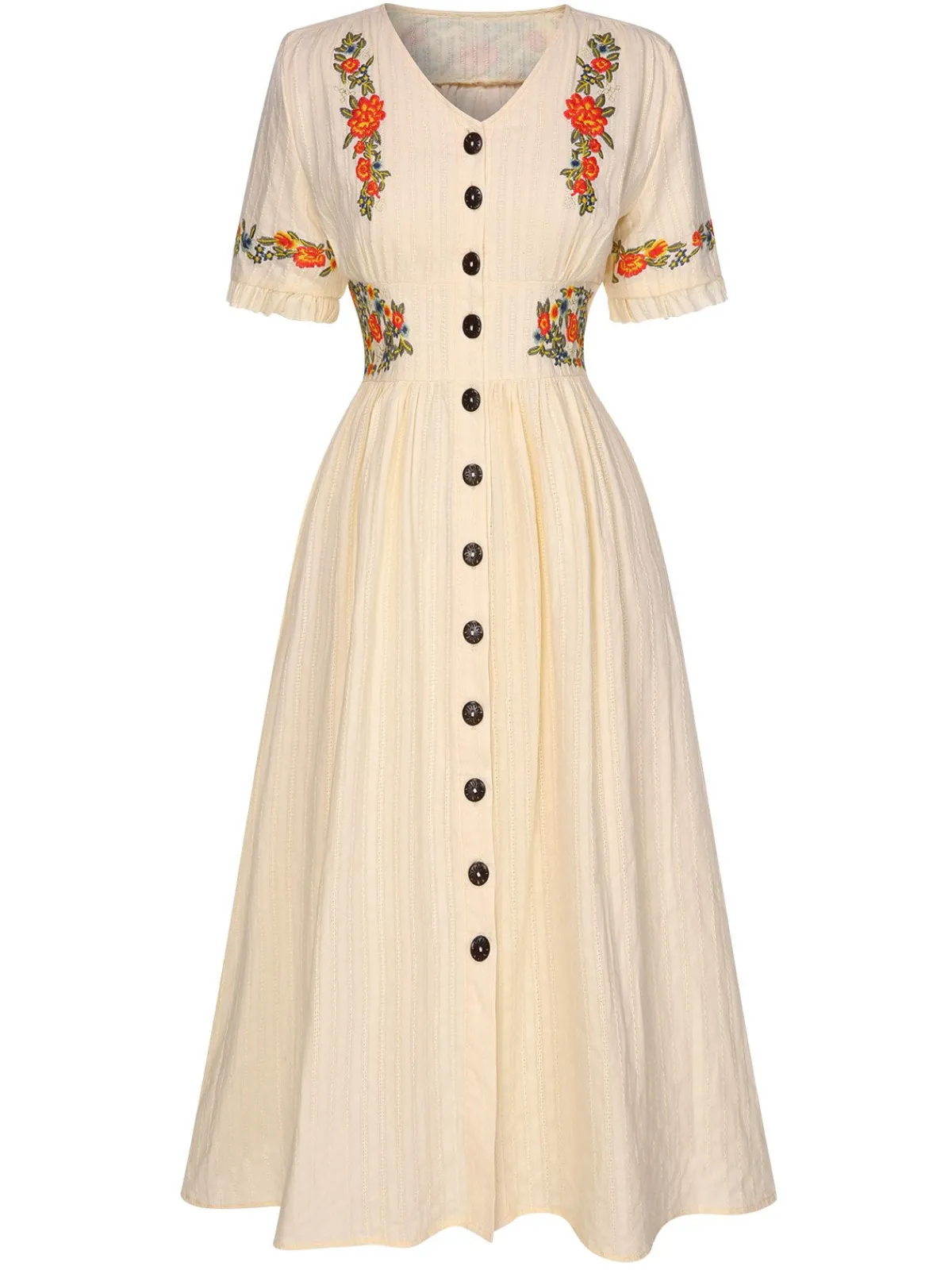 Clearance Retro Stage Pure Cotton Beige 1940s V-Neck Floral Dress