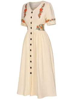 Clearance Retro Stage Pure Cotton Beige 1940s V-Neck Floral Dress