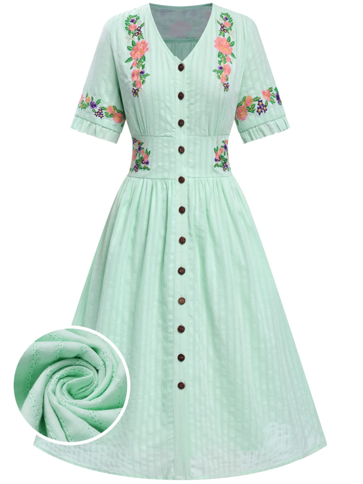 Clearance Retro Stage Pure Cotton Beige 1940s V-Neck Floral Dress
