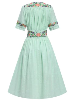 Clearance Retro Stage Pure Cotton Beige 1940s V-Neck Floral Dress