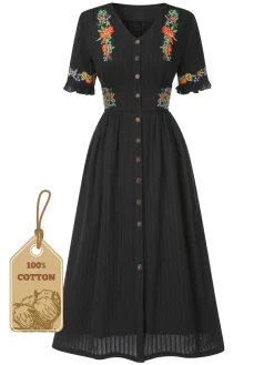 Best Retro Stage Pure Cotton Black 1940s V-Neck Floral Dress