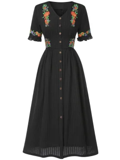 Best Retro Stage Pure Cotton Black 1940s V-Neck Floral Dress
