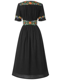 Best Retro Stage Pure Cotton Black 1940s V-Neck Floral Dress