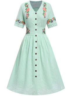 Best Retro Stage Pure Cotton Black 1940s V-Neck Floral Dress