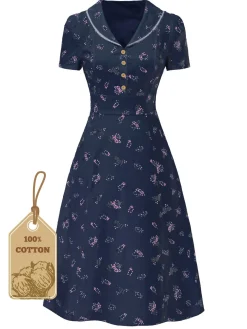 Hot Retro Stage Pure Cotton Blue 1940s Puff Sleeves Floral Dress