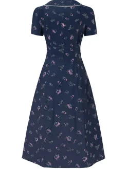 Hot Retro Stage Pure Cotton Blue 1940s Puff Sleeves Floral Dress
