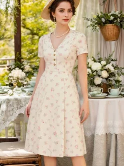 Hot Retro Stage Pure Cotton Blue 1940s Puff Sleeves Floral Dress