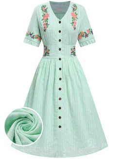 Sale Retro Stage Pure Cotton Mint Green 1940s V-Neck Floral Dress