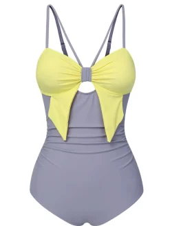 Fashion Retro Stage 1950s Cut Out Contrast Bow Swimsuit Purple & Yellow