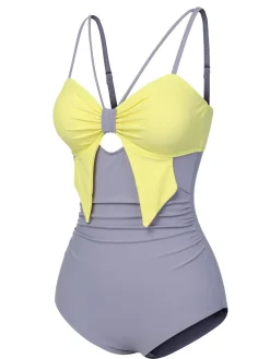 Fashion Retro Stage 1950s Cut Out Contrast Bow Swimsuit Purple & Yellow