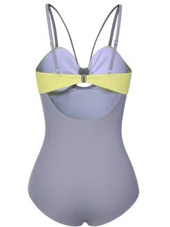 Fashion Retro Stage 1950s Cut Out Contrast Bow Swimsuit Purple & Yellow