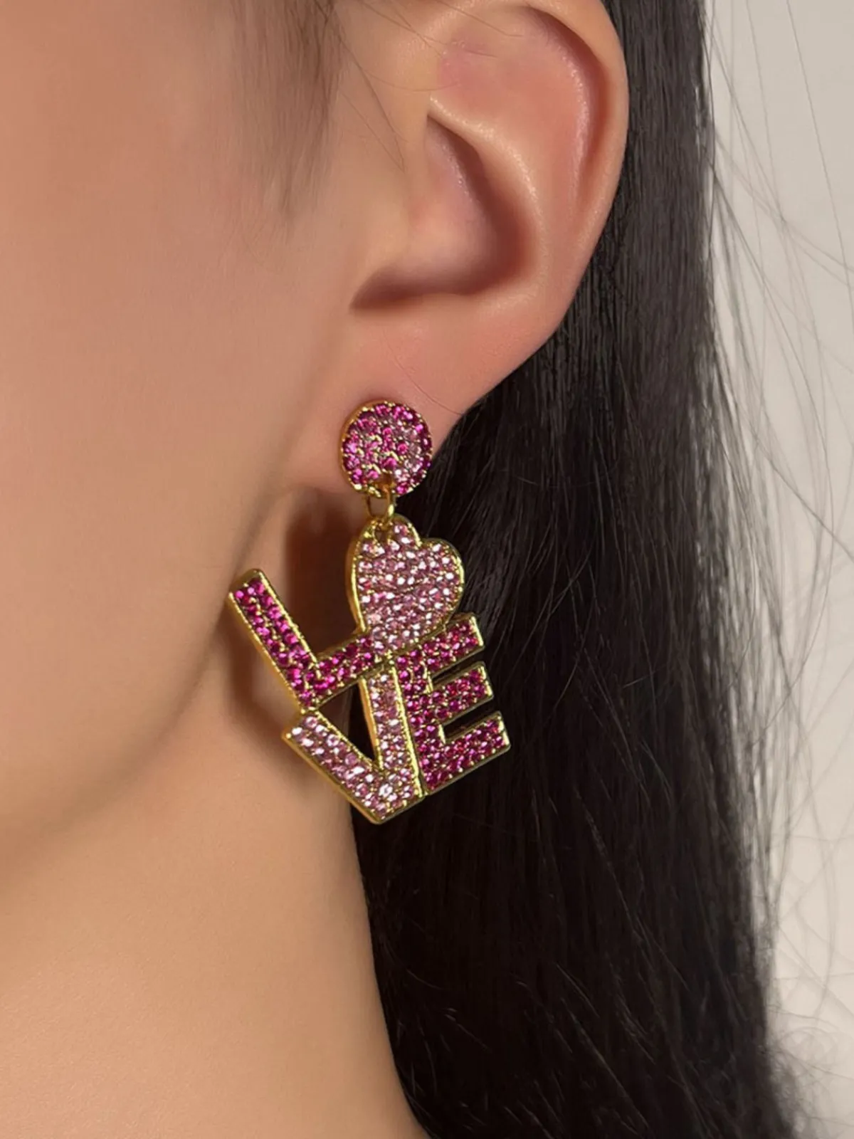 Sale Retro Stage Purple Rhinestone LOVE Letters Dangle Earrings