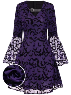 Fashion Retro Stage 1960s Bats Mesh Bell Sleeves Dress Purple