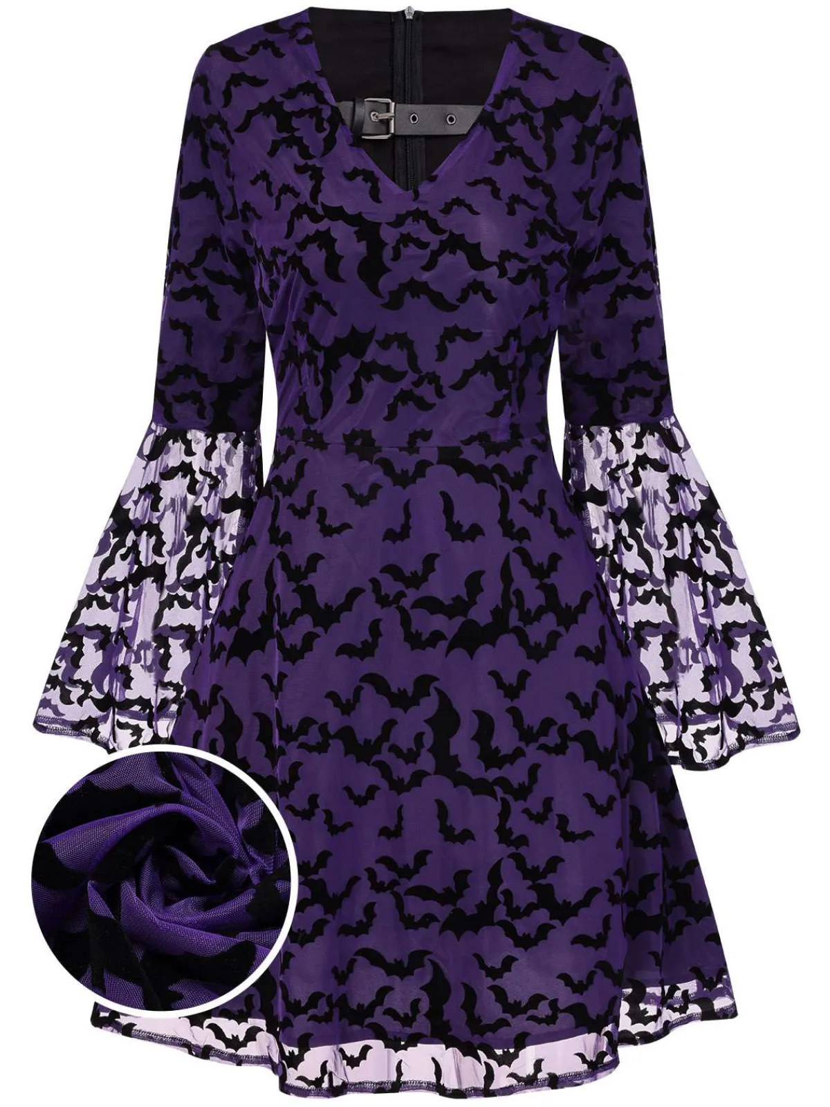 Fashion Retro Stage 1960s Bats Mesh Bell Sleeves Dress Purple